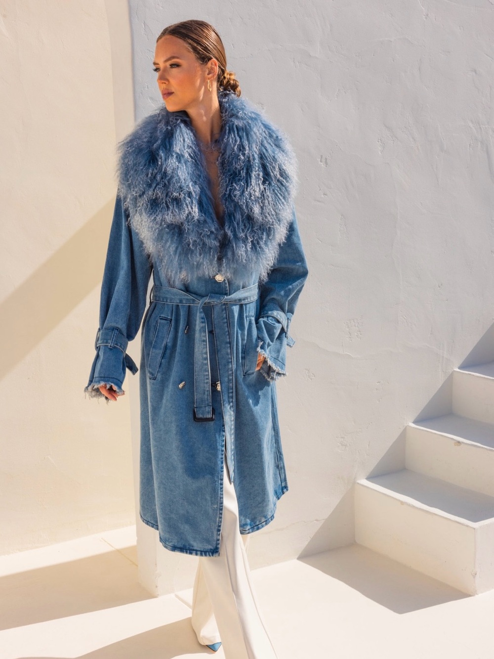 Lisa Maree Apocalypse Denim Mongolian Wool Coat Blue Size S NWT Missing Waist Be